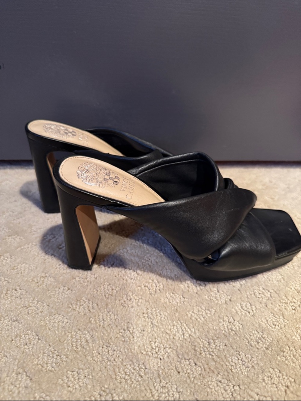 Vince Camuto Black Leather Twisted Strap Block Heel Mules